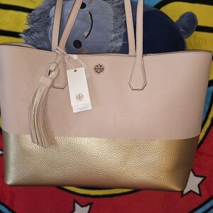 Tory Burch Pink and Gold Pebbled Leather Tote Bag